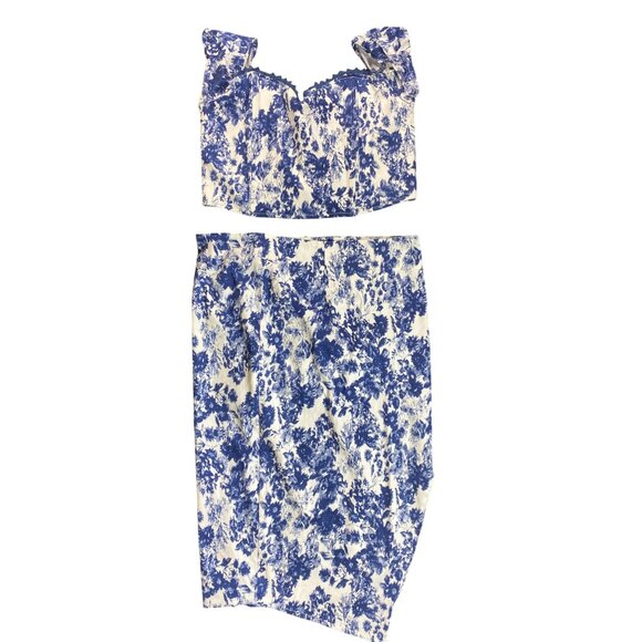 Fashion Nova XL Blue & White Floral Print Two-Piece Skirt Set SEXY Stretch Pinup - Picture 3 of 7